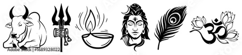 Maha Shivaratri symbols with Shiva Nandi Trishula and Om vector silhouette