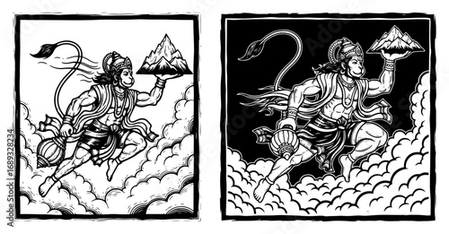 Hanuman flying with Sanjeevani mountain woodcut