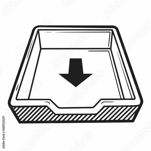 Illustration of an in tray with a downward pointing arrow inside indicating incoming documents or mail