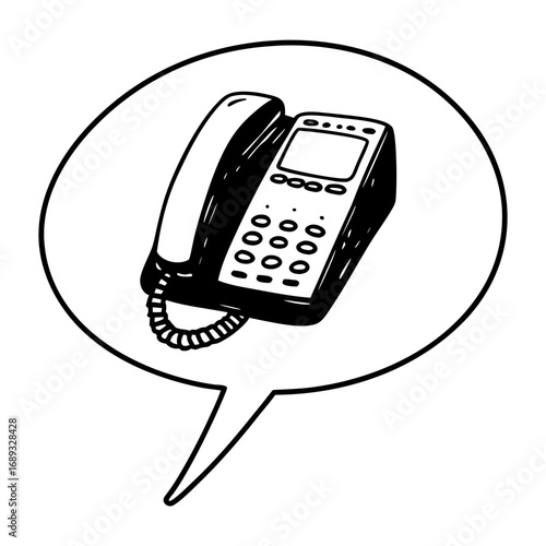 Illustration of a black and white landline phone inside a speech bubble with a pointed bottom shape design