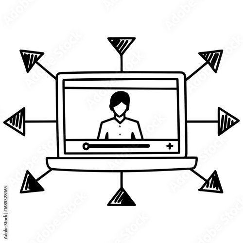 Laptop displaying a person with arrows pointing outwards representing distribution of information online now