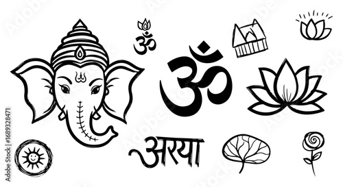 Ganesha Om lotus doodle icon set vector