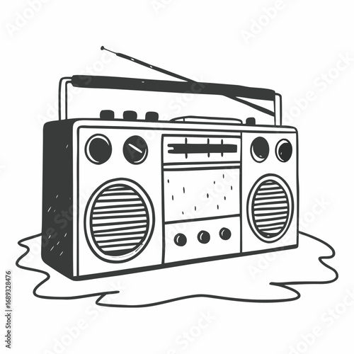Illustration of a vintage boombox with antenna and knobs, sitting on a surface, in black and white style