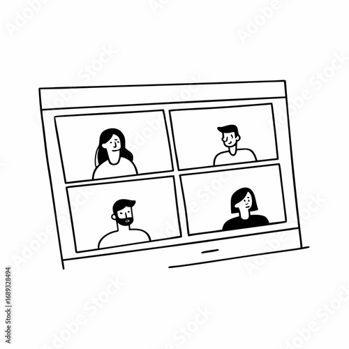 Illustration of a video conference screen with four people in separate windows displayed online together