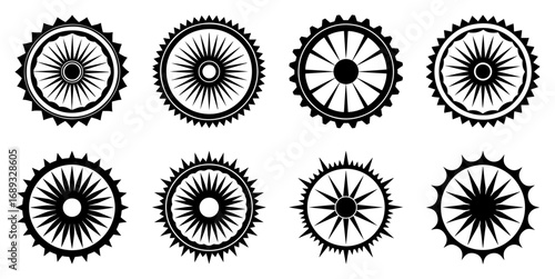 Sunburst chakra radial ornament outline vector icons set