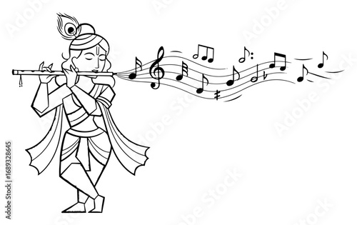 Lord Krishna playing flute with musical melody outline illustration