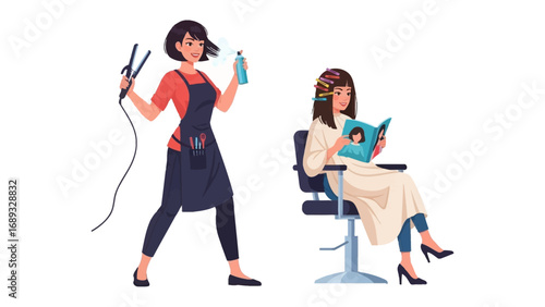 Professional hairstylist with styling tools attends to a client relaxing in a salon chair reading a magazine