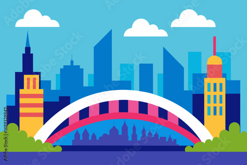 Modern cityscape with arch bridge and skyscrapers vector illustration