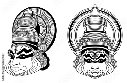 Kathakali dancer mask faces detailed vector illustration set