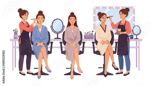 Professional makeup artists transforming clients in a bright salon setting