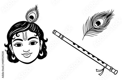 Krishna line art with peacock feather and flute
