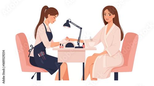 Professional manicurist attends to client receiving a detailed nail care service in a salon setting