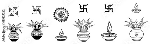 Auspicious hindu symbols for puja with Kalash and Swastika icons collection set