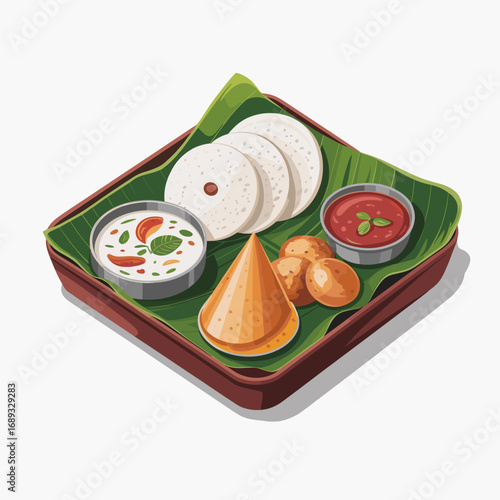 South Indian Tiffin Platter with Idli Vada and Chutnys Illustration