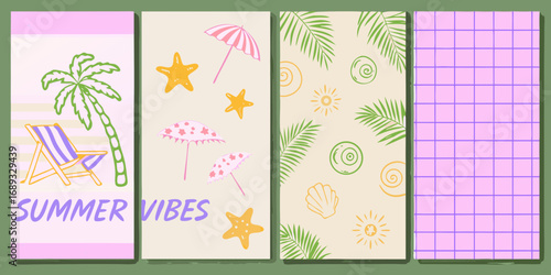 Collection of four vertical summer themed illustrations with beach elements and pastel colors