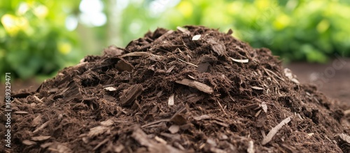 The close -up of a heap of wood chips against the background of a blurry green garden with bright accents, emphasizing natural material and environmental friendliness.