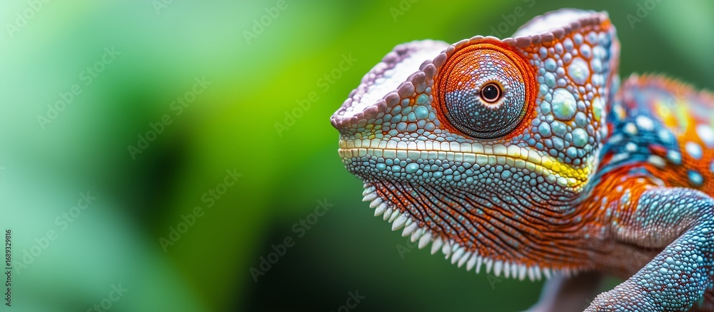 Fototapeta premium The close -up of the chameleon head with bright coloring, including orange, blue and green shades, on a green background blur. The image emphasizes the texture of the skin