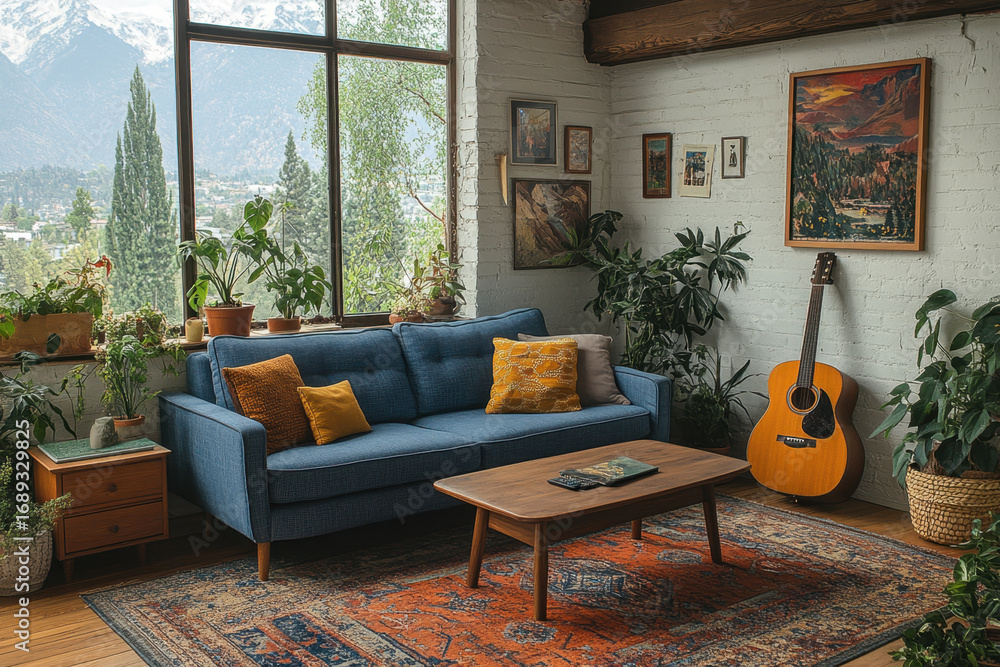 Fototapeta premium Blue couch and guitar in living room