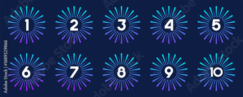 Set of collection numbers 1 to 10 with fireworks element vector illustration. Fireworks  element with numbers 1, 2, 3, 4, 5, 6, 7, 8, 9, 10 for greetings, anniversary and more.