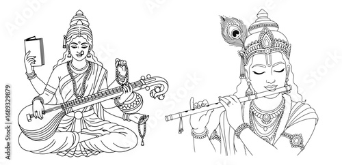 Saraswati and Krishna icon set outline vector
