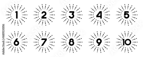 Set of collection numbers 1 to 10 with fireworks element vector illustration. Fireworks  element with numbers 1, 2, 3, 4, 5, 6, 7, 8, 9, 10 for greetings, anniversary and more.