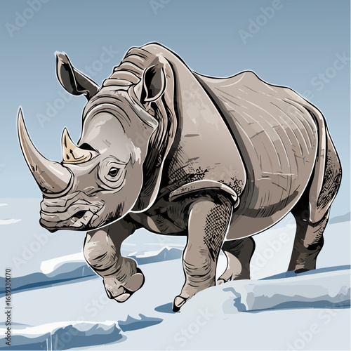 burly woolly rhinoceros trudging snowdrifts with gradient stipple horns tight ruff curls and minimal tundra strokes