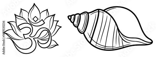 Lotus flower and conch shell outline vector icon set