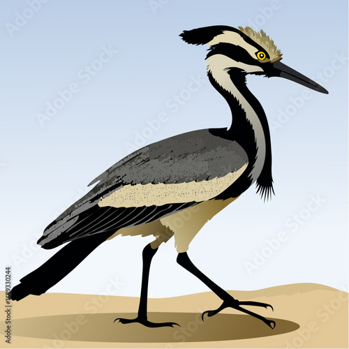 towering terror bird striding lethal grace with bold stipple beak accents muscular gradients and dust puffs