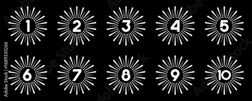 Set of collection numbers 1 to 10 with fireworks element vector illustration. Fireworks  element with numbers 1, 2, 3, 4, 5, 6, 7, 8, 9, 10 for greetings, anniversary and more.