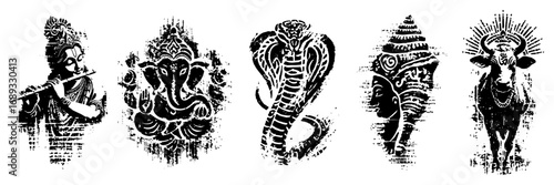 Hindu spiritual symbols Krishna Ganesha and cobra grunge stencil icons