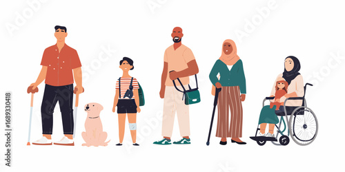 Diverse group of people with disabilities and their service animal representing inclusion and community