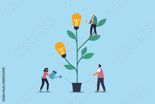 Teamwork and collaboration nurturing a growing plant with light bulbs symbolizing new ideas and innovation