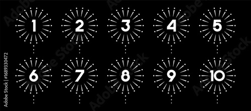 Set of collection numbers 1 to 10 with fireworks element vector illustration. Fireworks  element with numbers 1, 2, 3, 4, 5, 6, 7, 8, 9, 10 for greetings, anniversary and more.