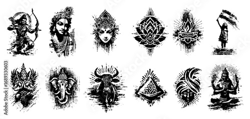 Hindu deity icon collection featuring Rama Krishna Shiva Ganesha Kali and sacred emblems rendered in distressed splatter stipple tattoo flash vector style