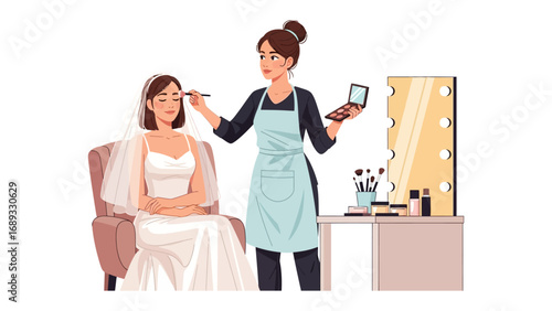 Bride receiving professional makeup application before wedding ceremony in a salon setting