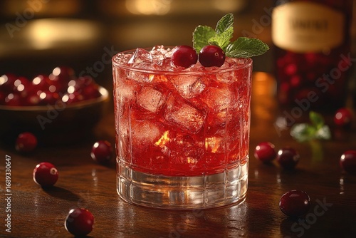 Iced cranberry cocktail with mint and berries sits on a wooden table. Perfect for drink ads, holiday themes, or refreshment promotions.