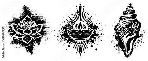 Lotus diya and conch shell grunge splatter vector icons