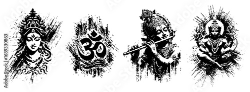 Hindu deities and Om symbol grunge texture illustration set