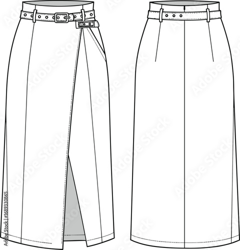 Technical flat sketch of belted midi skirt with front slit, back darts, waistband detail, CAD fashion illustration, vector template