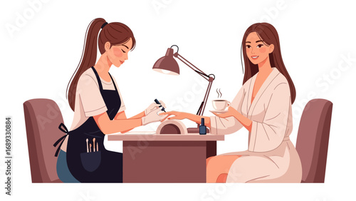 Professional manicurist carefully applying nail polish to a client s hand at a salon table