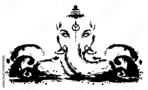 Lord Ganesha emerging from waves ink brush painting style