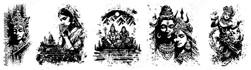 Hindu gods and religious scenes grunge stencil vector collection set