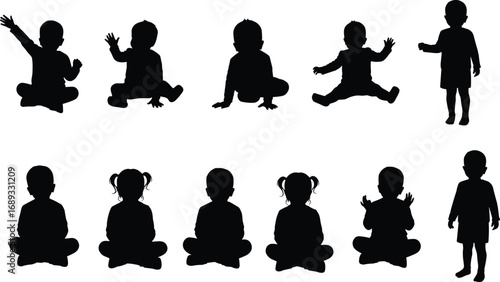 Black silhouette children in various seated and standing poses isolated on white background, kid vector illustration for education, childhood, and activity design