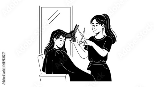 Stylist meticulously cuts long dark hair of a client sitting in a salon chair with a mirror reflection