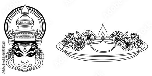 Kathakali dancer face and flower diya thali line art