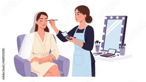Professional makeup artist applying cosmetics to a bride in a salon setting with mirror and supplies