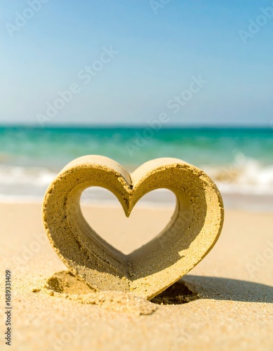 Heart-shaped sand sculpture on beach