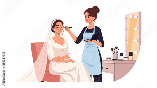 Bride receiving professional makeup application from a stylist in a salon setting