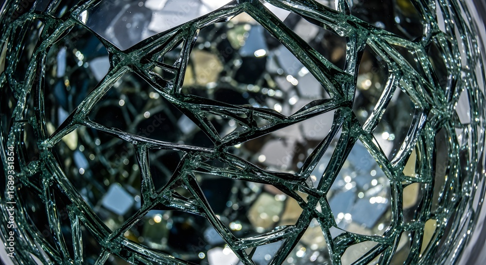 Fototapeta premium Close up view of a spherical object covered in small reflective glass pieces and dark grout lines