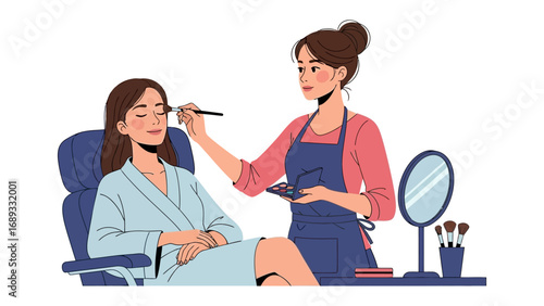 Professional makeup artist applying cosmetics to a client in a salon setting with mirror and brushes